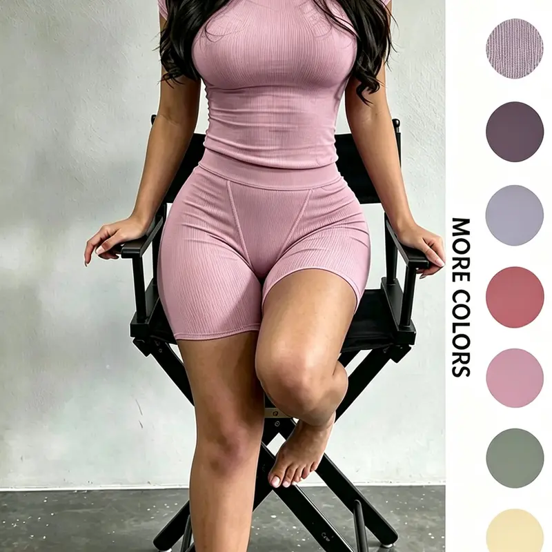 Women's Solid Ribbed Top & Skinny Shorts Set, Casual Comfy Round Neck Tee & Shorts For Yoga Gym Workout, Ladies Summer Clothes Fitness Wear Sportswear Set, Casual Activewear Set, Gym Yoga Outfit, Sports Outfits, Summer Training Wear