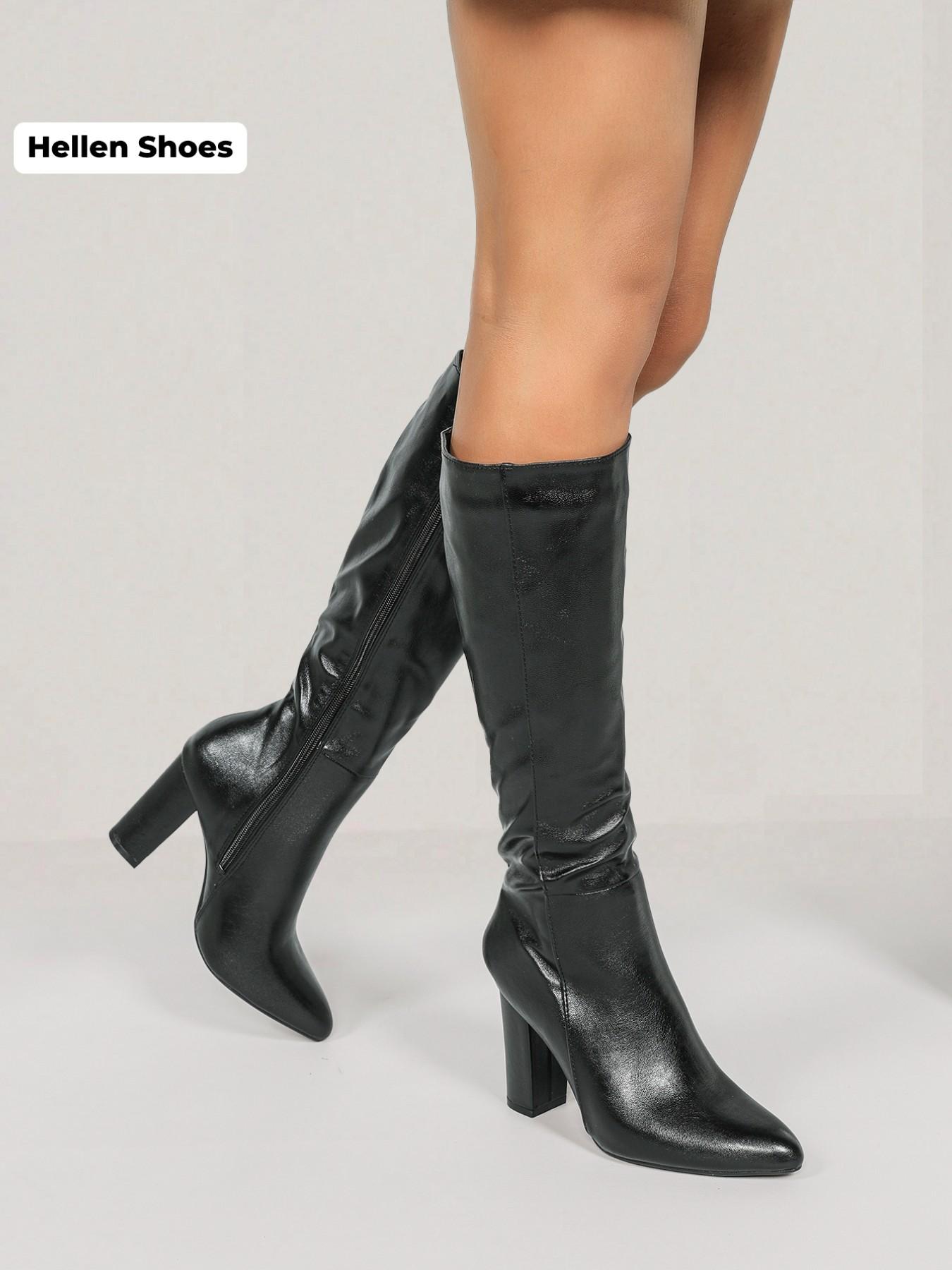 Women's Solid Color Knee High Heel, Elegant Pointed Toe for Fall & Winter, Pointy Toe Boots, Women's Shoes