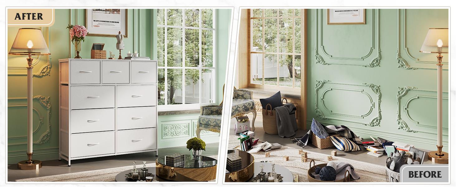 9-Drawer Dresser Organizer with Fabric Bins, Sturdy Steel Frame & Wood Top - Space-Saving Storage Tower for Bedroom, Closet, Hallway, Nursery - Easy Pull Handles, Modern White Design, Perfect for Home Organization