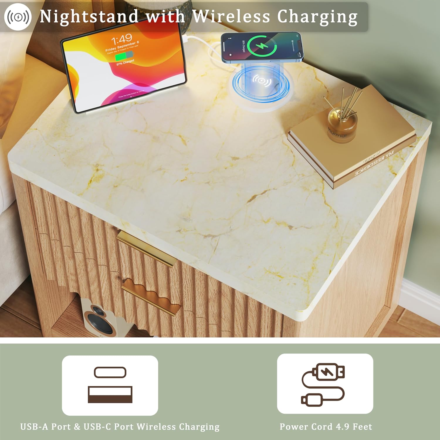 Fluted Nightstand with 2 Drawers, 24'' Night Stand with Wireless Charging Station, Mid Century Modern Side Table with Faux Marble Top, Large Wooden Bedside End Table for Bedroom, Oak