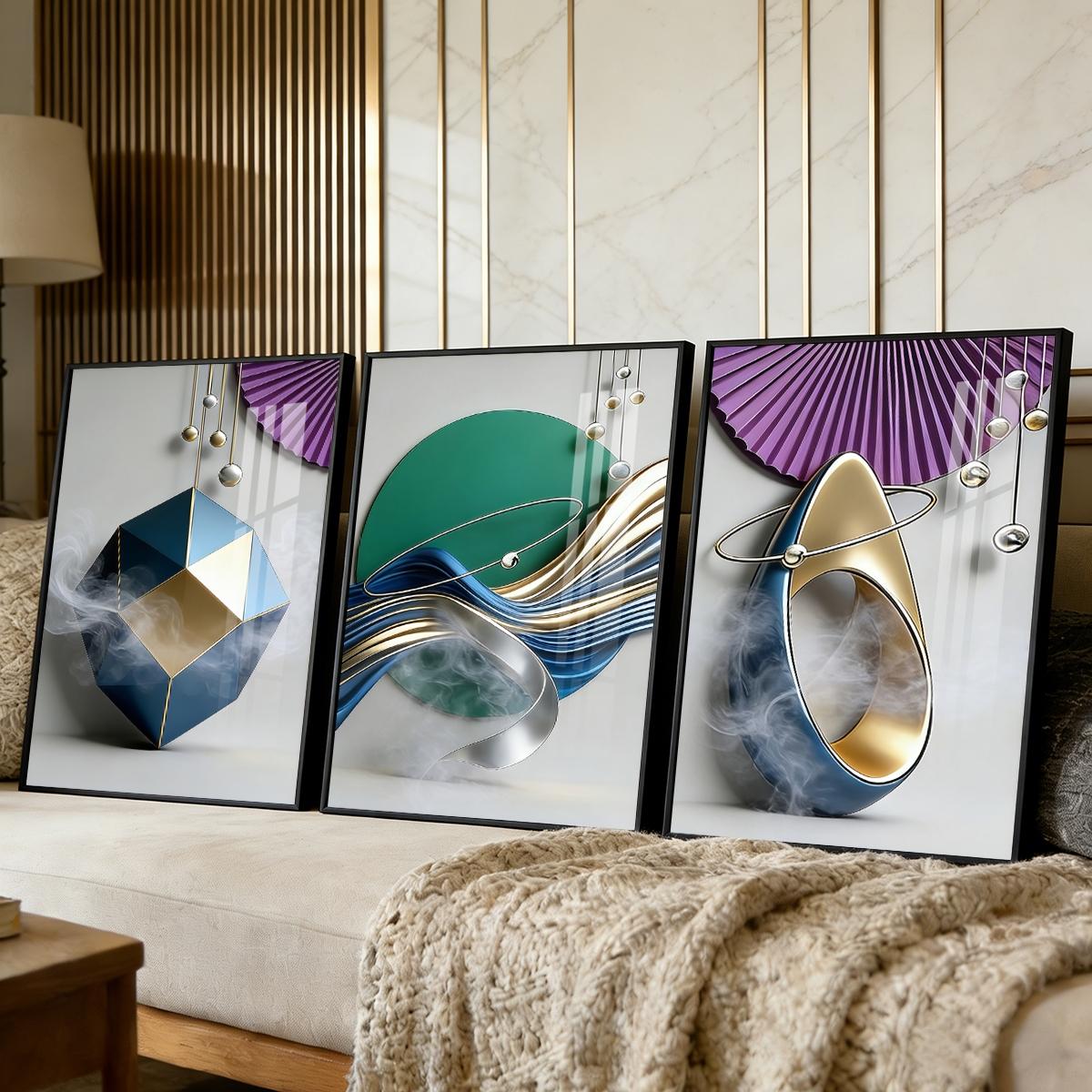 3 Counts Aluminum Alloy Framed Painting, Geometric Abstract Metallic Shapes And Smoke Art Pictures, Home Decoration For Living Room, Bedroom, Office, Restaurant, Hallway Wall Decor, Odorless Print Artwork, Luxury Perfect Gift For Friends And Family