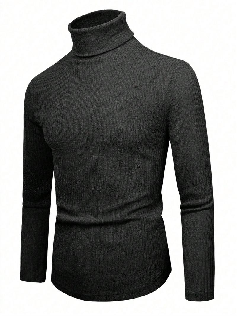 Men's High Neck Pullover Sweater, Solid Color Striped Long Sleeve T-Shirt, Casual Fitted Fit for Fall & Winter Seasons