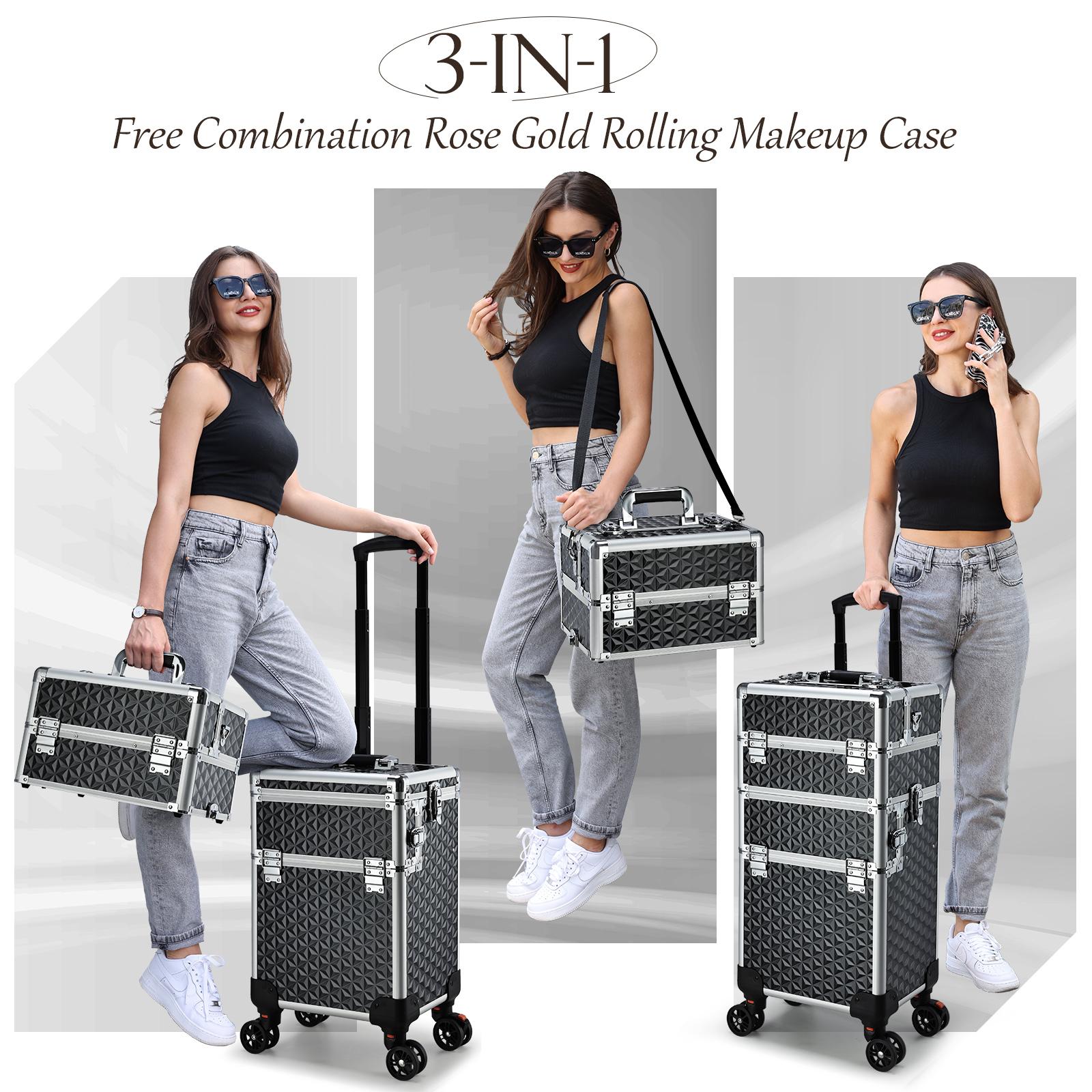 3 in 1 Rolling Makeup Train Case Large Cosmetic Trolley Salon Barber Case for Make Up Hairstylists Nail Tech Aluminum Makeup Trolley Case