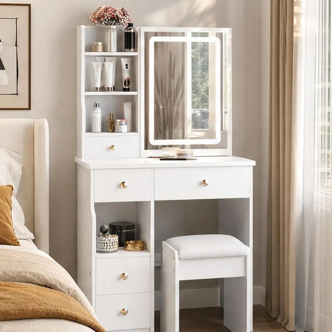 29.2-Inch White MDF Vanity Table Set with Left Drawer, Cushioned Stool, and Tri-Color Dimmable LED Mirror for Small Bedrooms