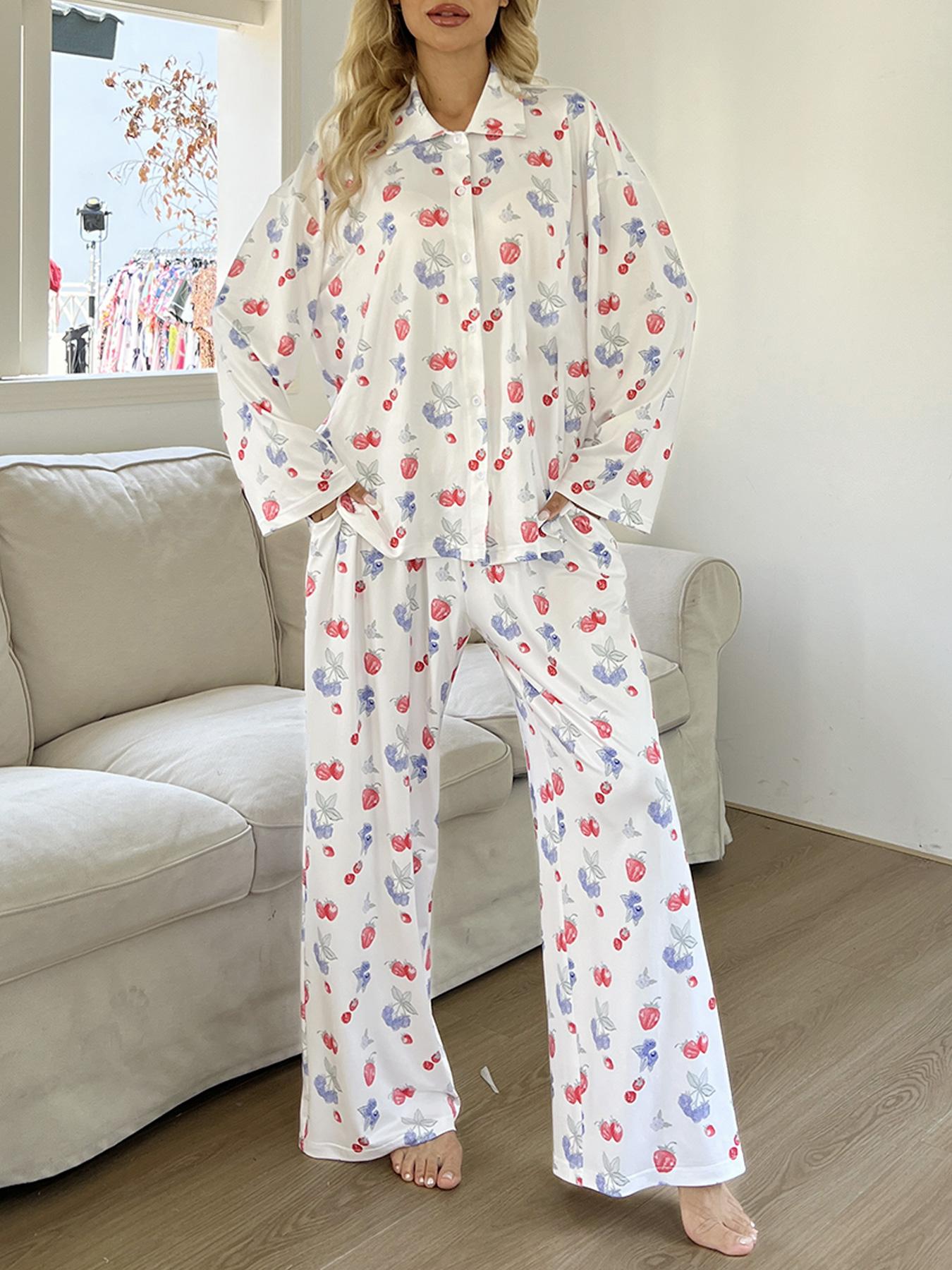 Dancing Again Women's All Over Print Pocket Shirt & Elastic Waist Pants Pyjama, Casual Comfy Button Front Drop Shoulder Collared Top & Trousers Pj Set, Pajamas, Women's Sleepwear & Loungewear for Spring & Fall, Cute Pajama Sets