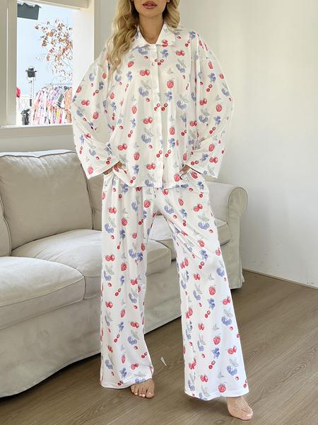 Dancing Again Women's All Over Print Pocket Shirt & Elastic Waist Pants Pyjama, Casual Comfy Button Front Drop Shoulder Collared Top & Trousers Pj Set, Pajamas, Women's Sleepwear & Loungewear for Spring & Fall, Cute Pajama Sets