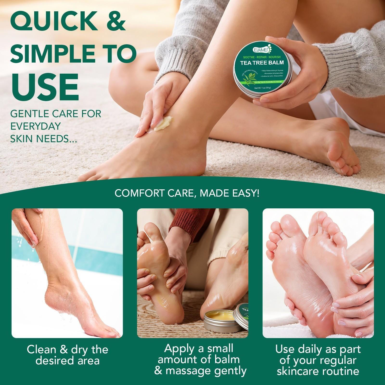 ELAIMEI Multi-Purpose Tea Tree Oil Balm, suitable for sensitive skin, soothes skin issues caused by dryness, provides rapid relief, moisturizes dry skin, and offers long-lasting hydration