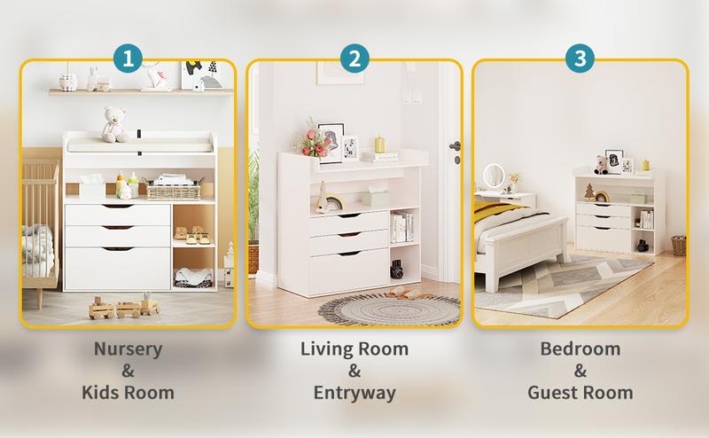 Linor Baby Changing Table Dresser with 3 Drawers and 3 Storage Shelves, Can be Used as a Baby Dresser with Changing Table Top, a Baby Changing Station, a Wood Diaper Changing Station (White) Newborn Nursery