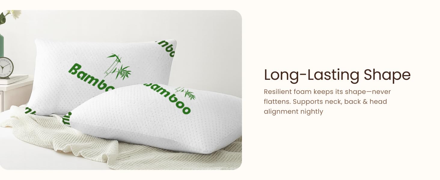 Memory Foam Pillows Queen Size Set of 2 - Cooling Bed Pillows for Sleeping - Back, Stomach, Side Sleeper Firm, Comfy Cool Shredded - 2 Pack, Rayon Derived from Bamboo