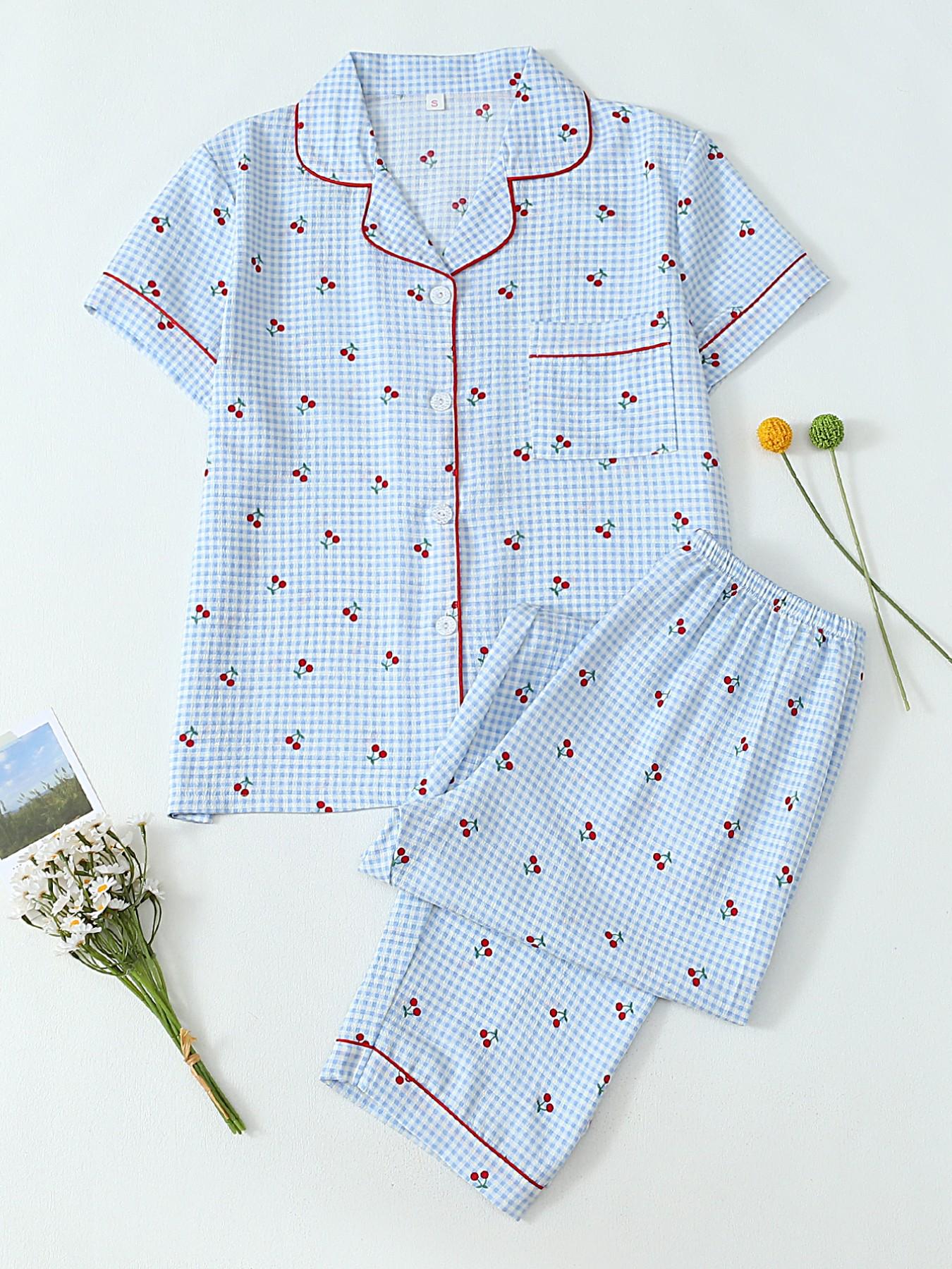 Women's Heart Print Short Sleeve Pajama, Casual Comfy Striped Print Lapel Neck Pocket Shirt & Pants PJ Set, Ladies Sleepwear for All Seasons, Loungewear