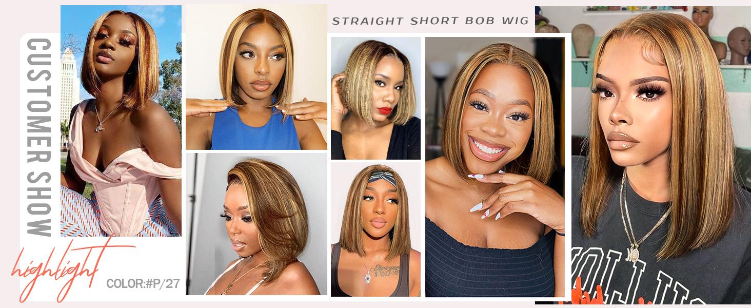 Nerkre Bob Wig Human Hair Highlight Ombre 13x4 Lace Front Wigs 4/27 Honey Blonde Wigs Human Hair