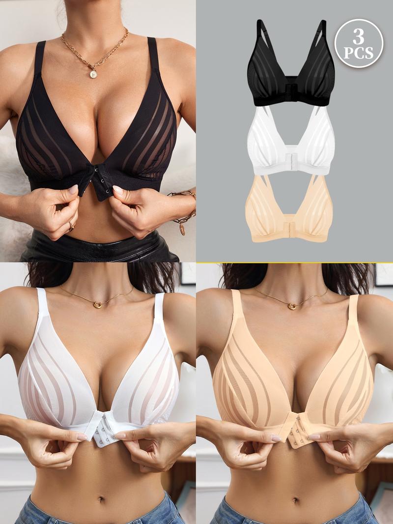 Women's Sexy Lace Bralette Set, Wireless Front Buckle Design, Medium Support, Unlined, Plain Pattern, All Seasons