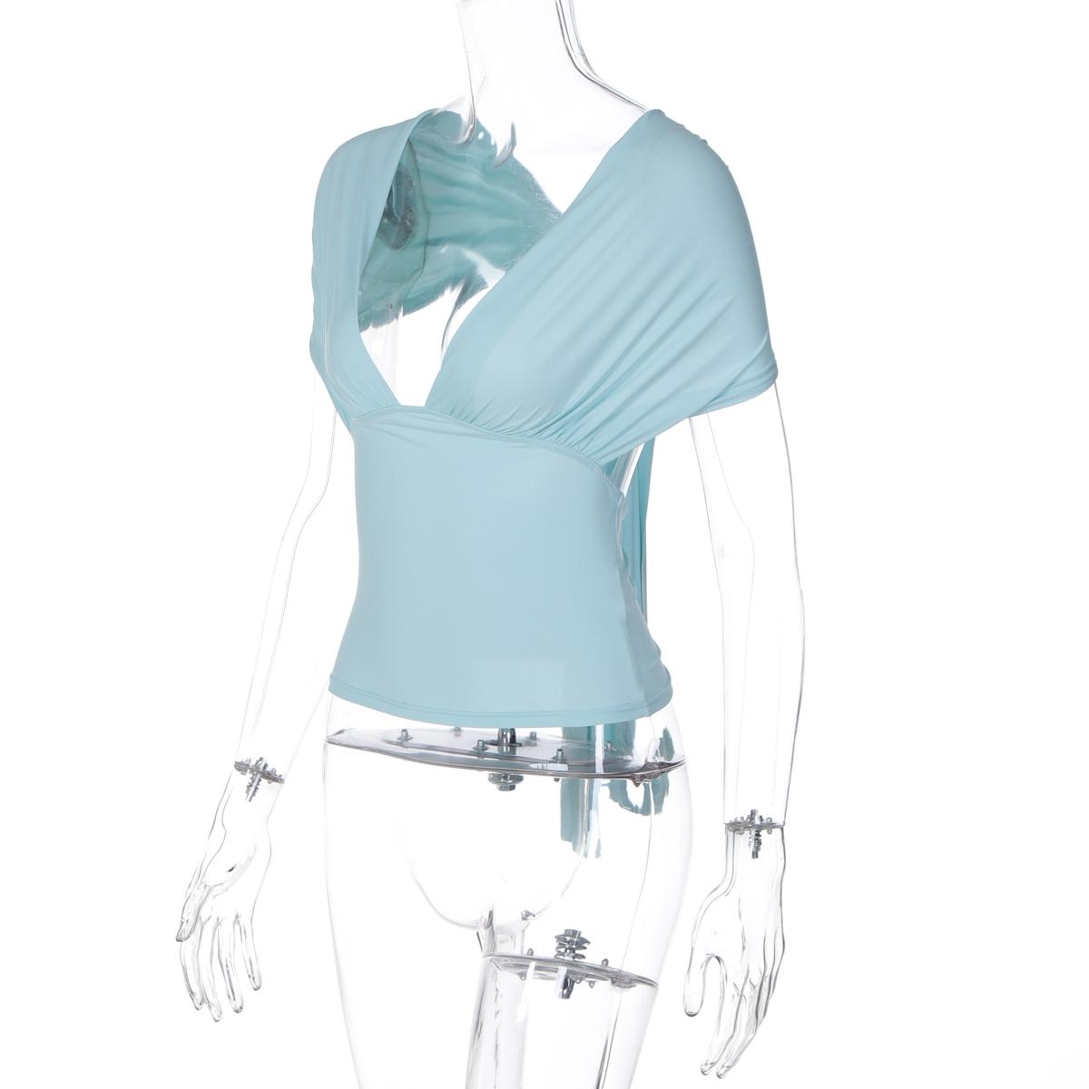 Women's Solid Color V Neck Cut Out Tie-back T-shirt Top, Bodycon Fitted Top, Sexy Backless Lace-up Sleeveless Plain Slim Fit Ruched Blouse Crop Top, Party Club Date Daily Casual For Ladies Summer