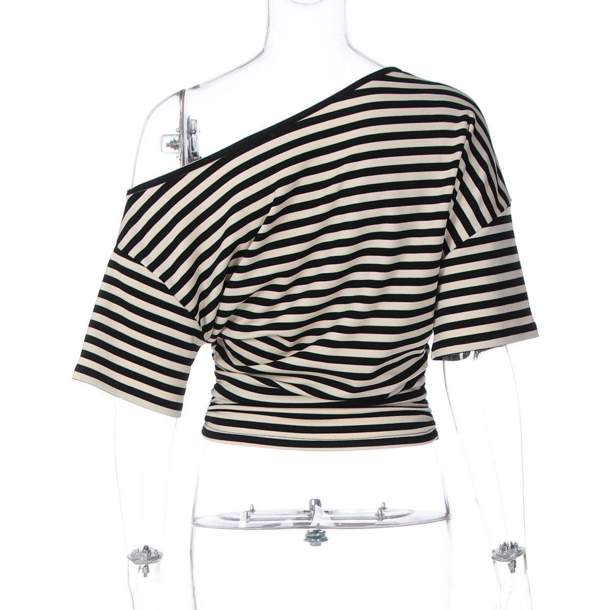 Women Summer Fashion Short Sleeve Asymmetrical One Shoulder Striped Asymmetric Hem T Shirt Tops Tee Casual Daily Tops