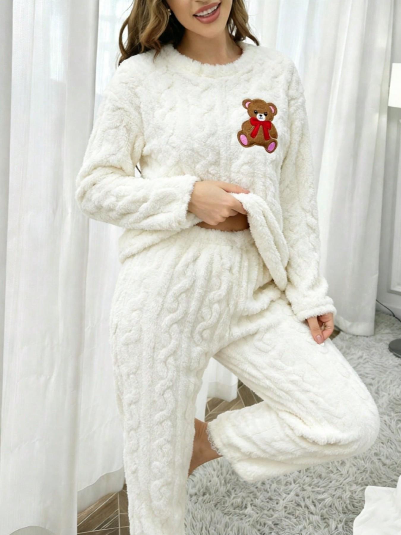 Women's Fall Winter Pajama Set, Cartoon Bear Embroidery Flannel Sleepwear, Long Sleeve Top & Pants, Casual Loose-Fit Loungewear