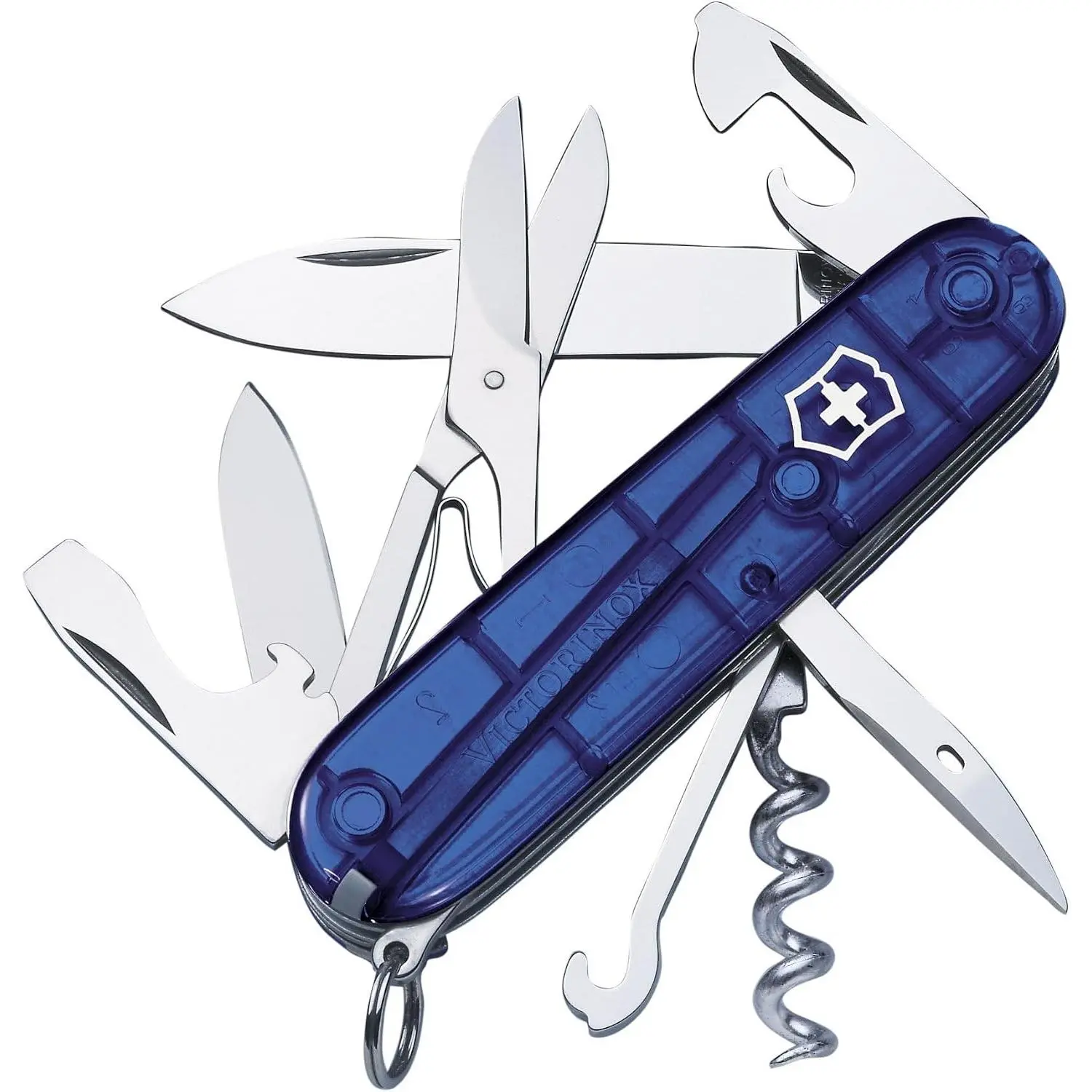 Climber, 14-Function Knife, Blue Transparent| 14 Function, Swiss Made Knife, with 2 Blades, Corkscrew and Screwdriver