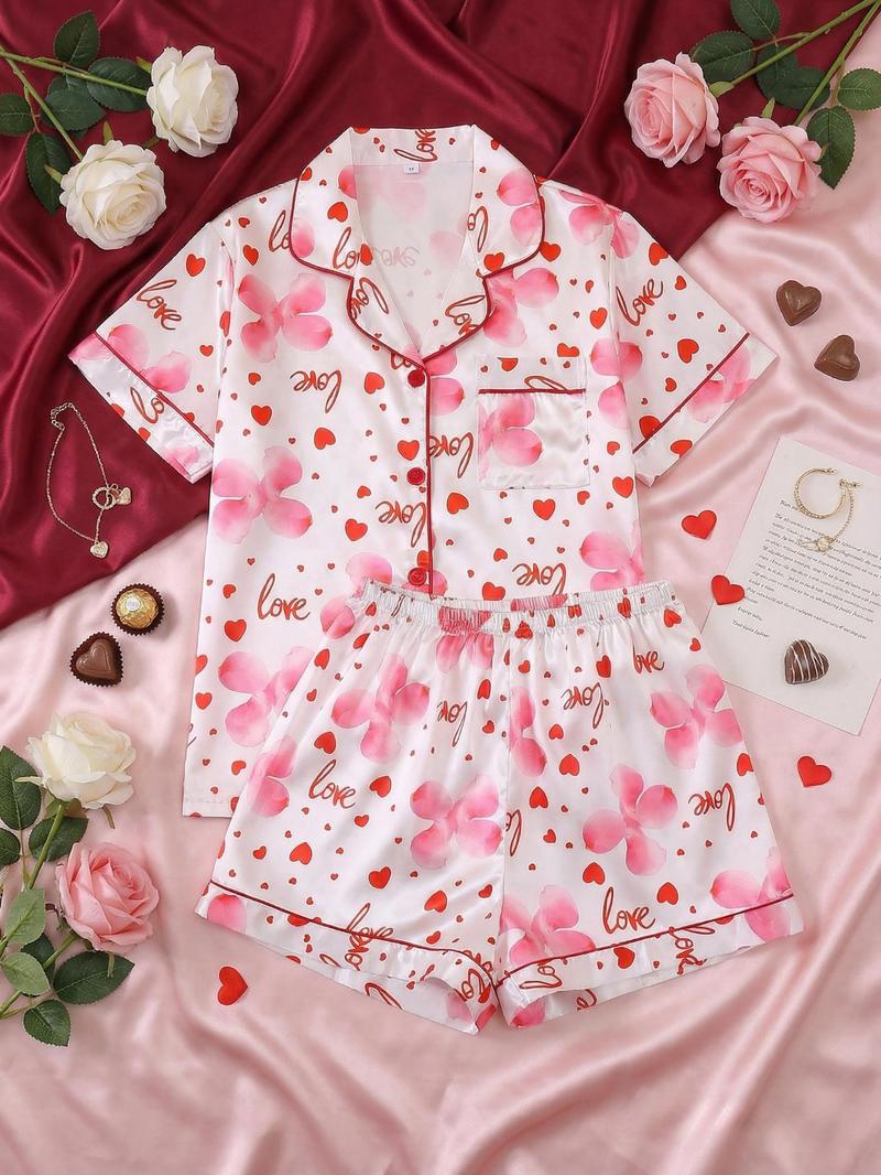 Women's Floral Heart Pattern Two-Piece Sleepwear Set, Button Front Short Sleeve Top and Elastic Shorts, Valentine's Day Elegant Homeewear