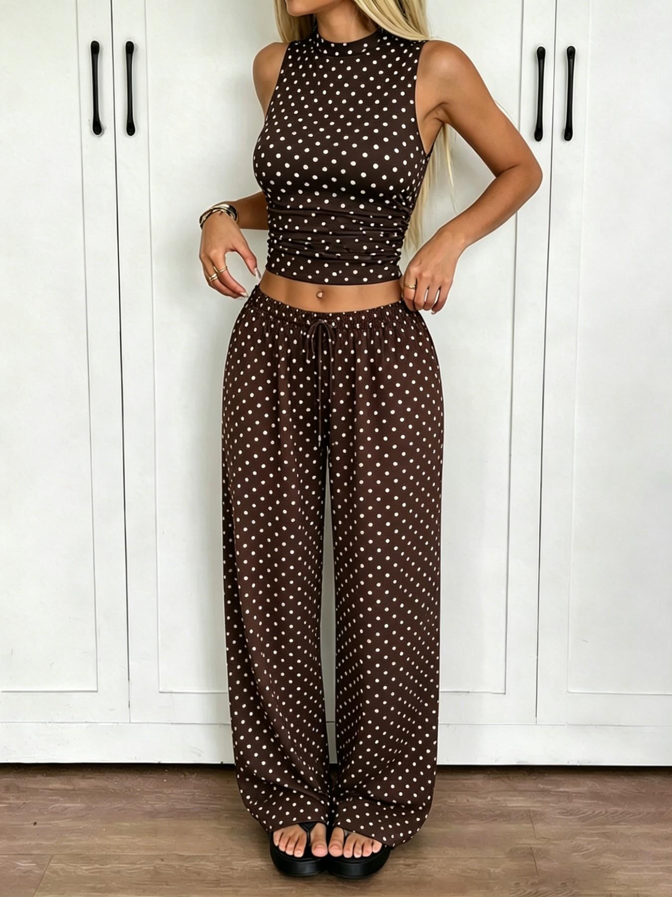 Women's Matching Polka Dot Print 2-Piece Outfit, Sleeveless Mock Neck Crop Top and Drawstring Wide-Leg Pants Set, Bohemian Casual Summer Streetwear Set, Casual Everyday Set, Summer Matching Sets