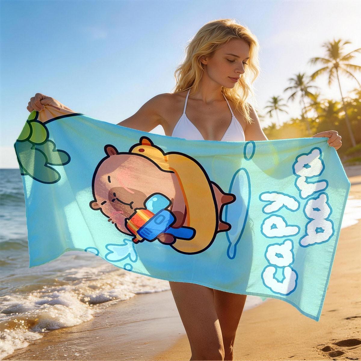 Cartoon Capybara Print Beach Towel, Super Large Size, Skin-Friendly, Absorbent and Quick-Dry, Perfect for Beach, Pool, Summer Outdoors, Quick Drying Absorbent