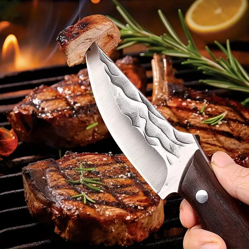 Stainless steel boning knife, kitchen practical butcher cutting peeling meat knife, hand forged chef slicing high carbon steel kitchen knife, solid wood handle, handmade leather sheath, gift for men and women