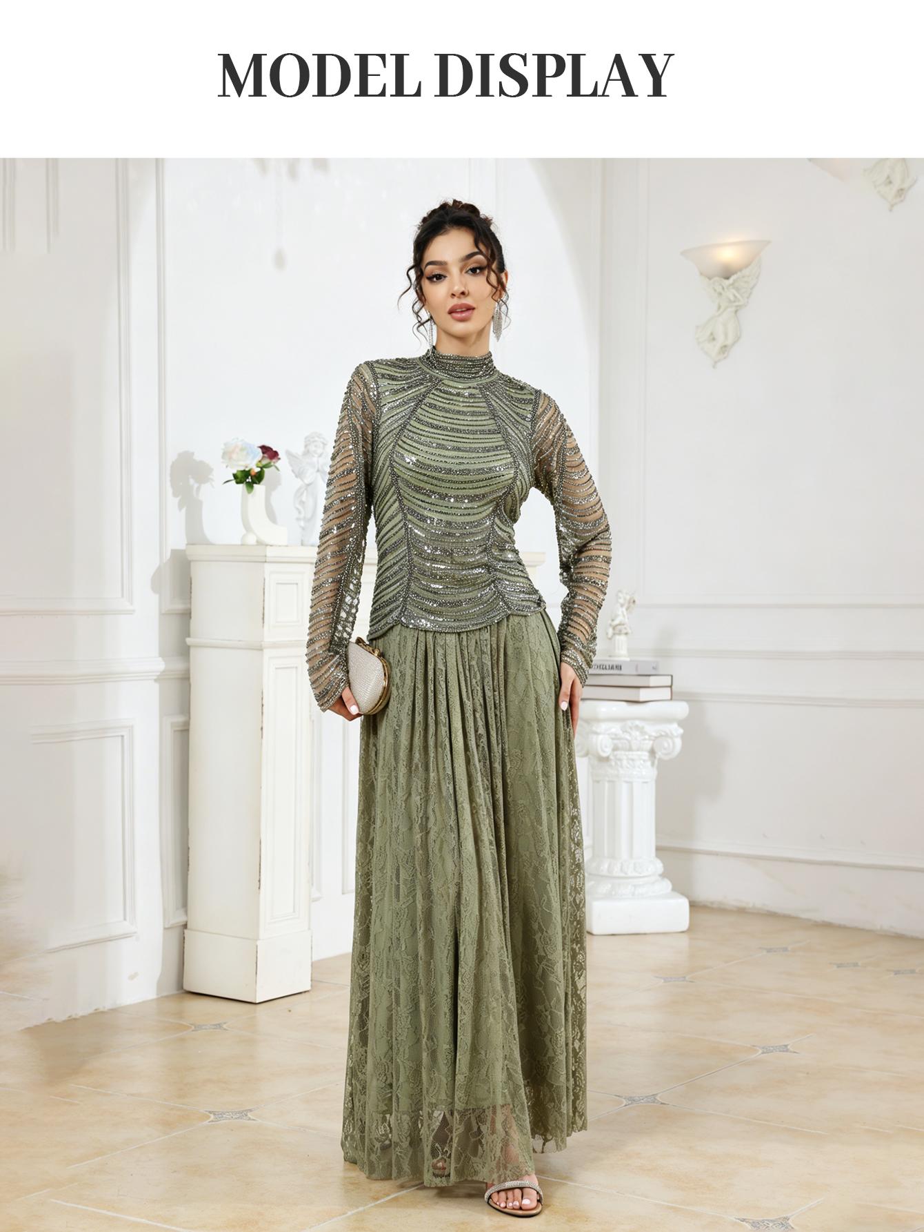 Women's Sheer Long Sleeve Maxi Dress, Floral Lace Embellished Elegant Evening Gown, Perfect for Wedding and Graduation, Festival Wear