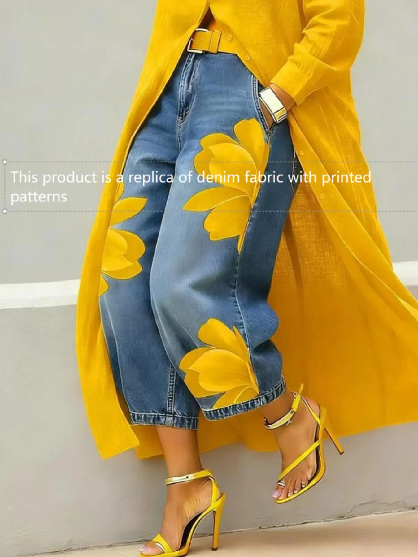 2026 New Fall/winter Imitation Denim Printed Loose Women's Jeans, Casual Versatile Wide-Leg Pants, Leaf Print, Unlined, Plain Surface