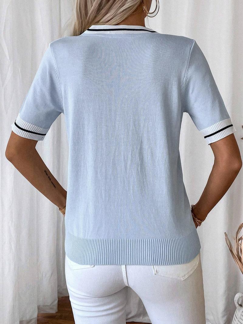 Women's Colorblock Striped Shortsleeve Vneck Knit Top, Casual Elegant Classy Fashion Chic Fitted Short Sleeve Top for Summer, Ladies Clothes for Daily Wear, Womenswear, Knitwear, Breathable Top, Casual Breathable Elegance