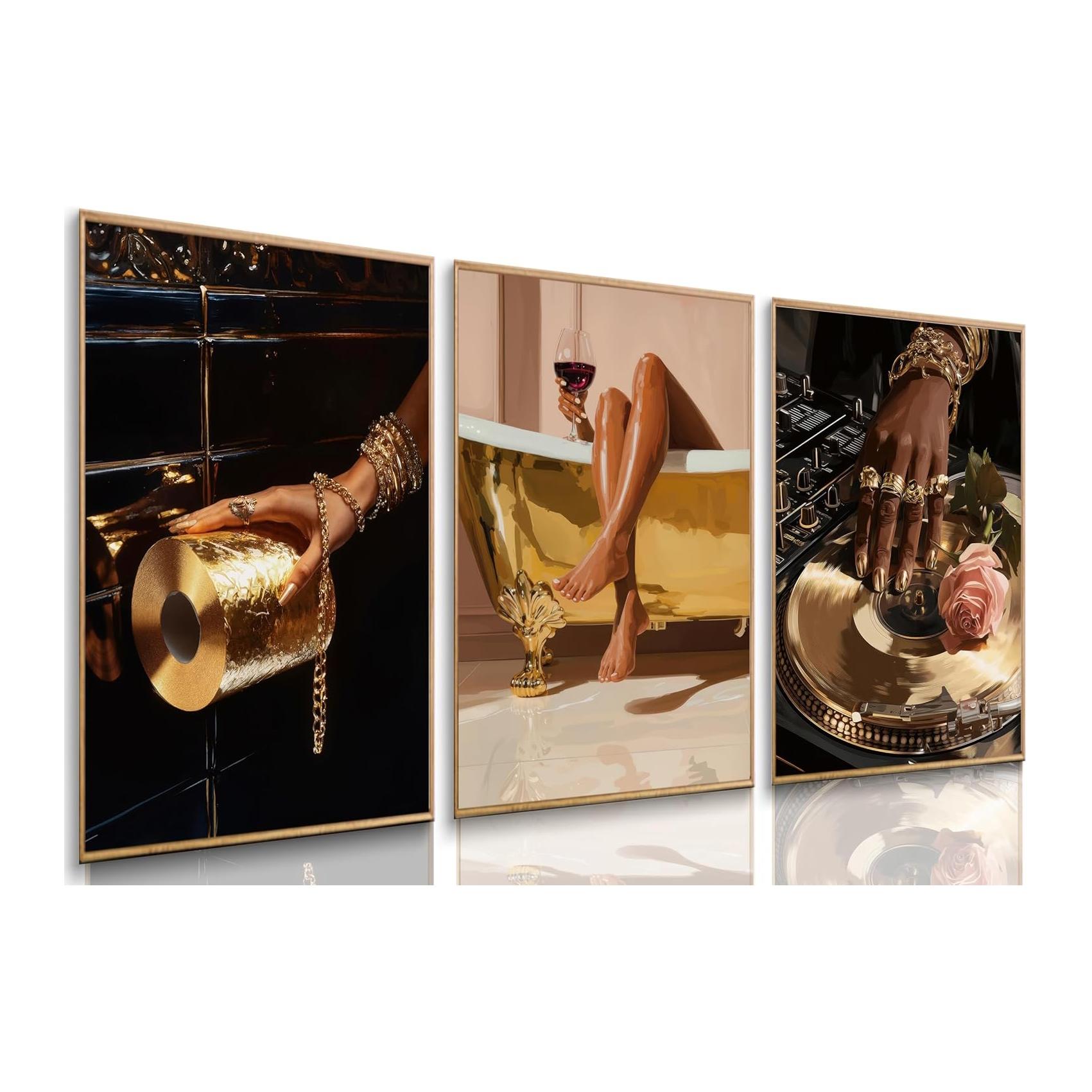 3Pcs Stylish Black Girl Bathroom Wall Art Modern Art Design Gold African American Women Posters Prints Personalized Bathroom Aesthetics Images Wall decor for Bathroom Living Room Bedroom Unframed
