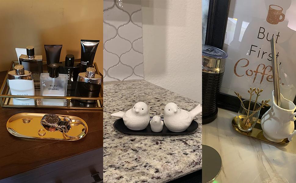 2 Pack 7 Inch Gold Oval Stainless Steel Decorative Tray Jewelry Dish Cosmetics Organizer Small Serving Platter for Bathroom Vanity Storage Durable Mirror Polishing Process