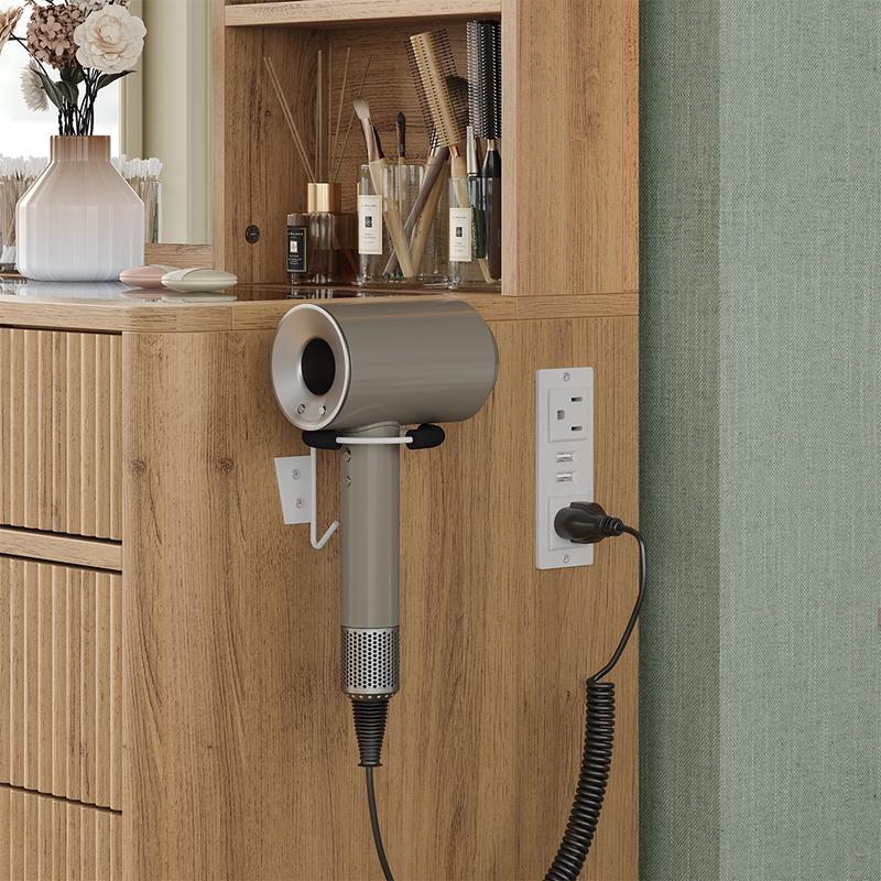 FUSOU 47'' W Fluted Vanity Desk, Makeup Vanity with Power Oultlet, 7 Drawers Vanity with 10 LED Lights and Mirror, 3 Lighting Modes Adjustable, Glass Top, Vanity with Chair for Bedroom, Natural