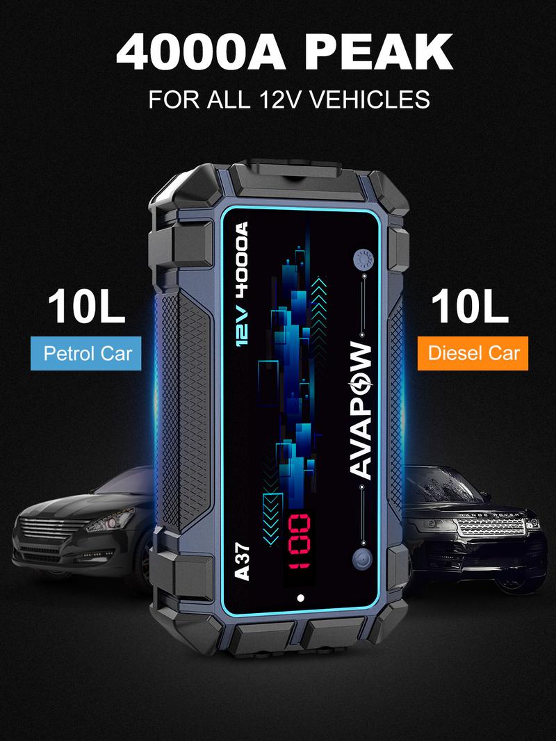 AVAPOW 4000A Car Battery Jump Starter–12V Portable Power for 10L Gas/10L Diesel Engines, Booster Function, PD 60W Fast Charging Lithium Jump Box Outdoorfun