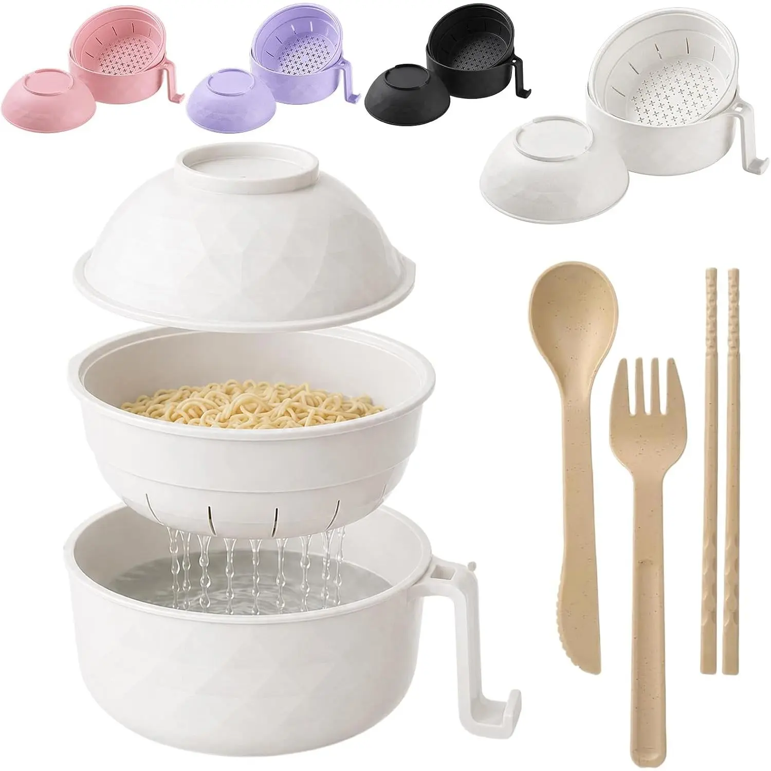 Microwave Ramen Bowl Tableware Set with Handle, Cutlery (Spoon, Fork, Chopsticks), Safe Easy Use, Versatile for Noodles Soups, Ideal for Dorms Home, Christmas Gift Dinnerware Gadget, Containers