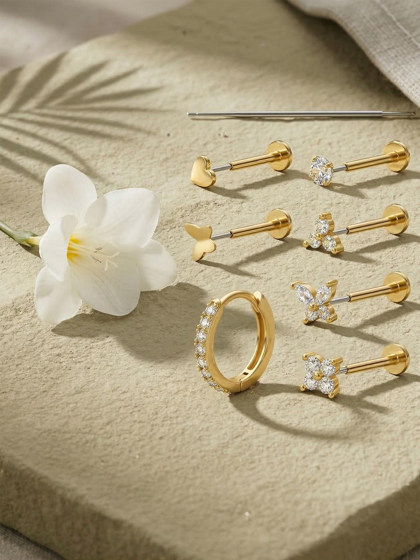 20G Flat Back Earrings for Women Threadless Butterfly Stud 316L Surgical Steel Stud Hoop Earrings Push in Nose Studs Hypoallergenic Cartilage Earring Stacks Labret Helix Tragus Conch Piercing Jewelry