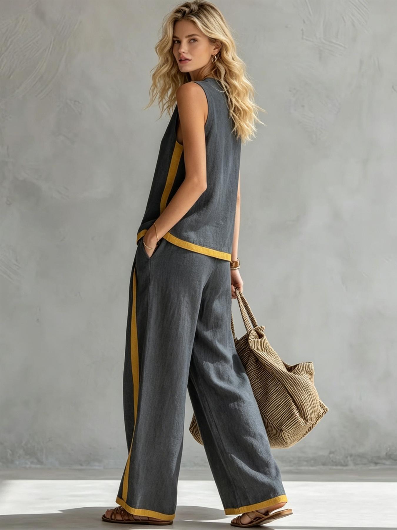 Women's Casual Loose color blocked sleeveless wide leg two-piece set, Colorblock casual set, with breathable surface suitable for commuting, daily wear. Multiple colors available