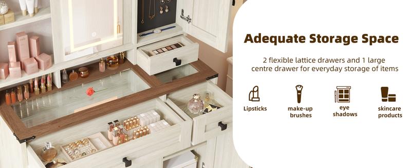 EROMMY Modern Vanity Desk with vanity mirror and Lighted Mirror, Makeup Desk with Jewelry Storage & Power Outlet & Drawers, Dressing Makeup Table for Bedroom. Furniture Wood