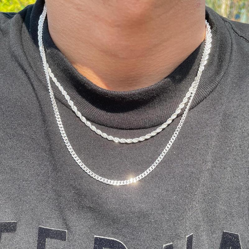 Tewiky&Dearmay Trendy 2Pcs 3mm Chain Necklace for Men - Layered Sterling Silver Cuban Link Rope Necklaces Set Simple Jewelry Gift 18-28 Inches Present Jewelry