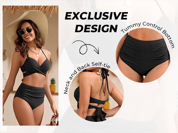 Tempt Me High Waisted Underwire Bikini Sets - Women Two Piece Swimsuits Halter Bathing Suits with Tummy Control Bottom