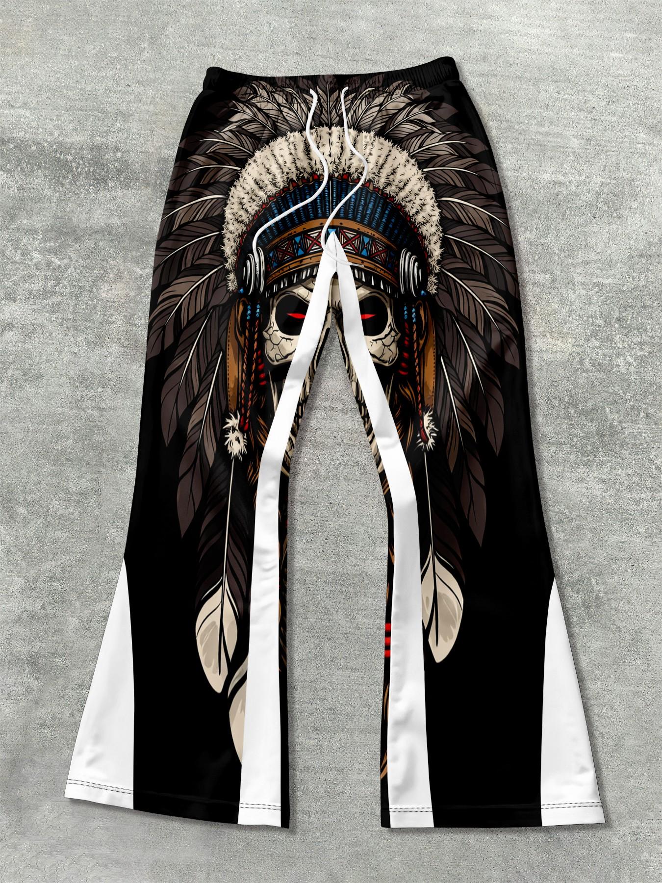 Men's Fashion Jogger Pants with Native American Skull Pattern, Fitted Casual Sportswear, All Seasons, Geometric Print, Sporty Comfy Breathable