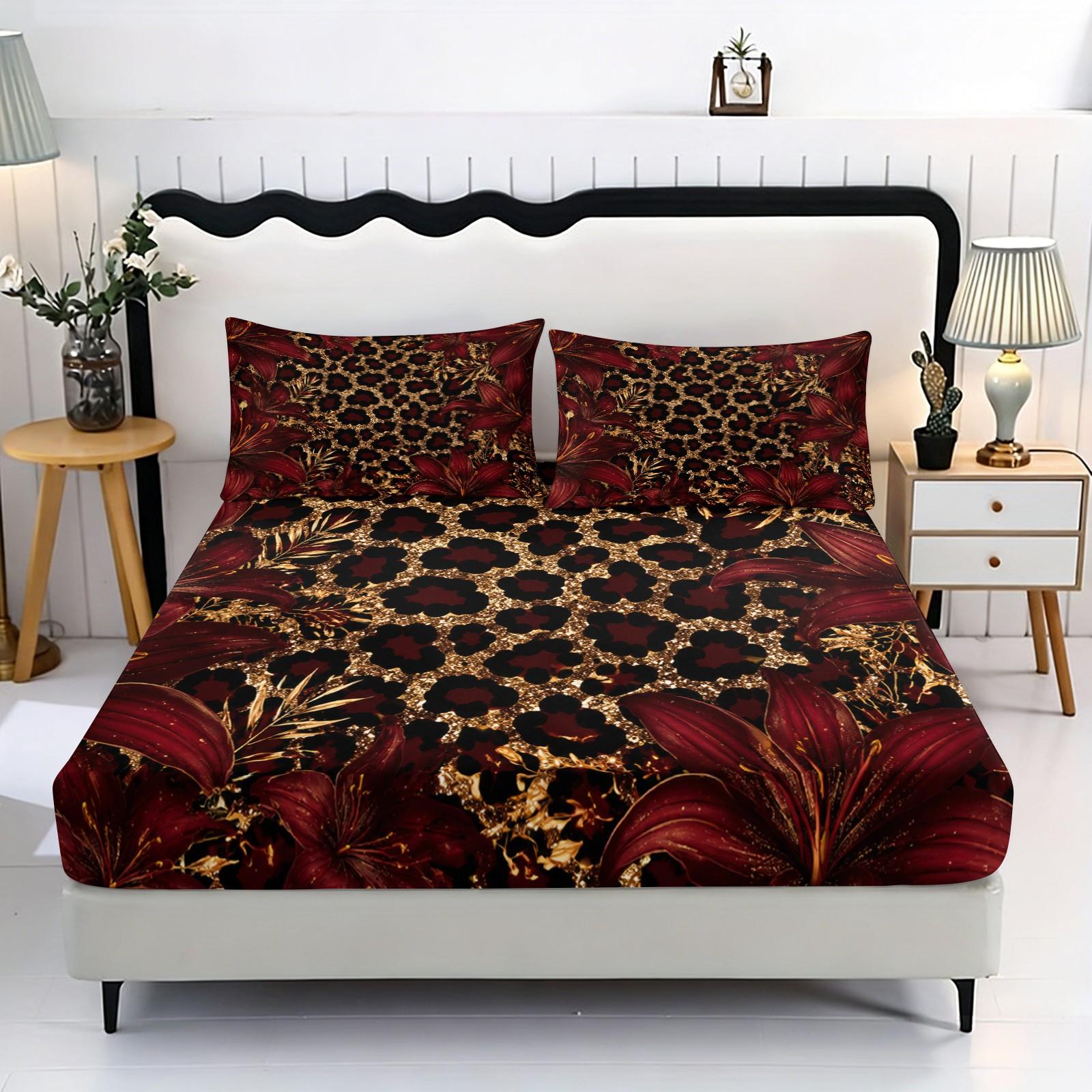 3-piece wine red gold leopard print lily flower printed bedding set, with 25cm deep pockets, including 1 bedspread and 2 pillowcases (without filling material), suitable as a holiday gift for friends, applicable for bedrooms, guest rooms, dormitories