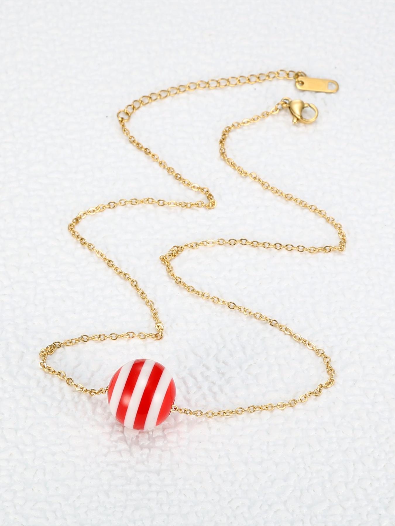 Summer Seaside Blue and White Striped Round Bead Necklace Stainless Steel Non Fading Seaside Vacation Versatile Accessories