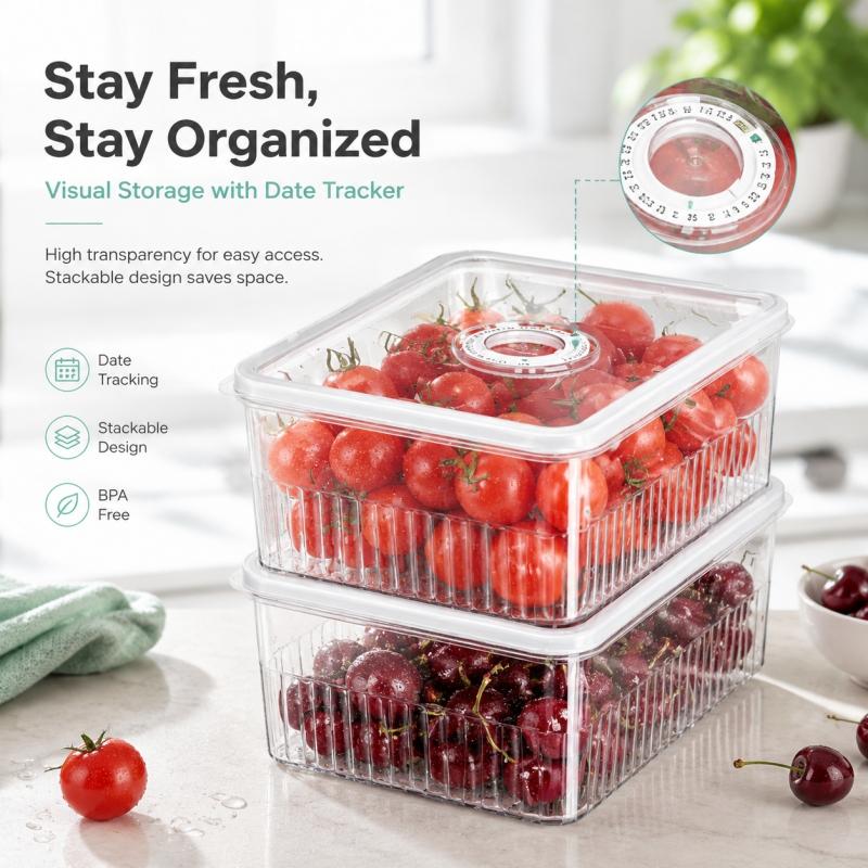 3-Size Airtight Food Storage Containers with Date Tracker, BPA-Free Clear Produce Bins For Fruit & Vegetable Organization, Meal Prep, Fridge Storage
