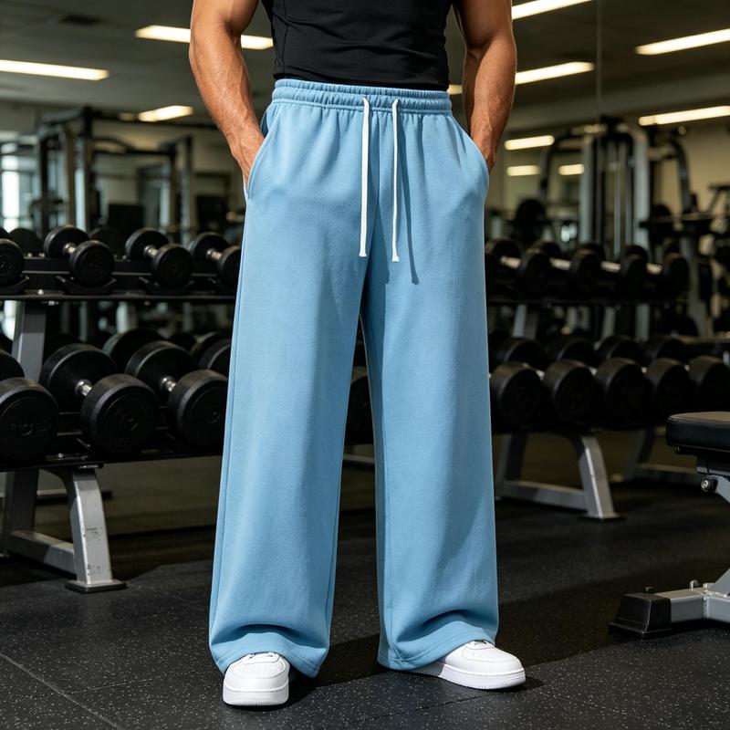 Men's Loose Regular Fit Full Length Jogging Pants - Adjustable Drawstring Waist, Lightweight Soft Polyester Knitted Fabric, Solid Color, Sports Gym Run & Home Wear