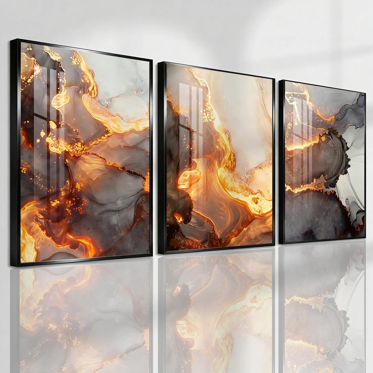 3 Counts Aluminum Alloy Framed Painting, Abstract Golden Lava Flow Pictures, Home Decoration For Living Room, Bedroom, Office, Restaurant, Hallway Wall Decor, Odorless Print Artwork, Luxury Perfect Gift For Friends And Family