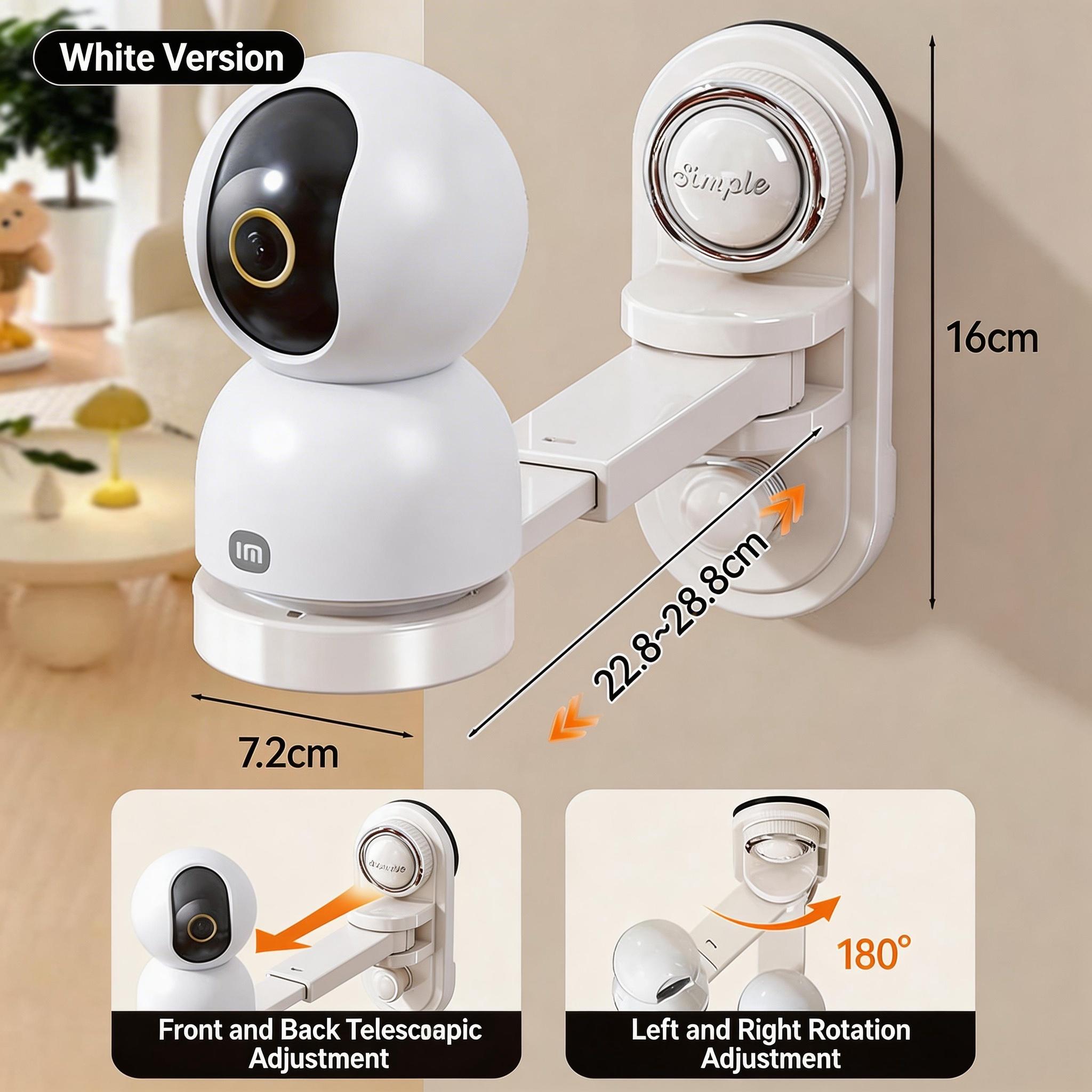 Monitor camera bracket, with adjustable length and angle, suction cup design for hole free installation, compatible with most monitor installations.