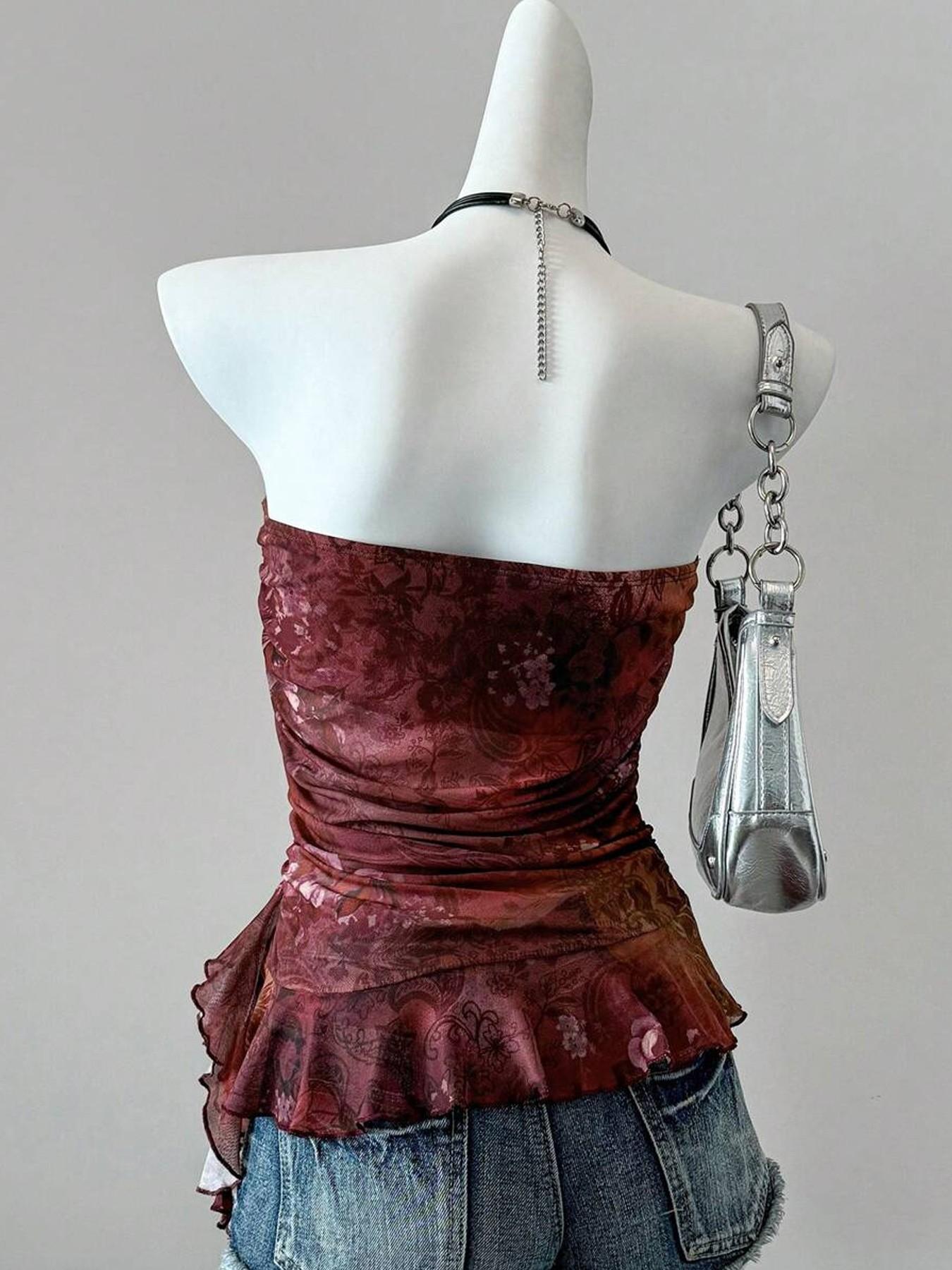 This Sheer Floral Tube Top is Grunge Fairy Y2K Vibes 🦋 | Ruched Ruffle Hem Mesh Top