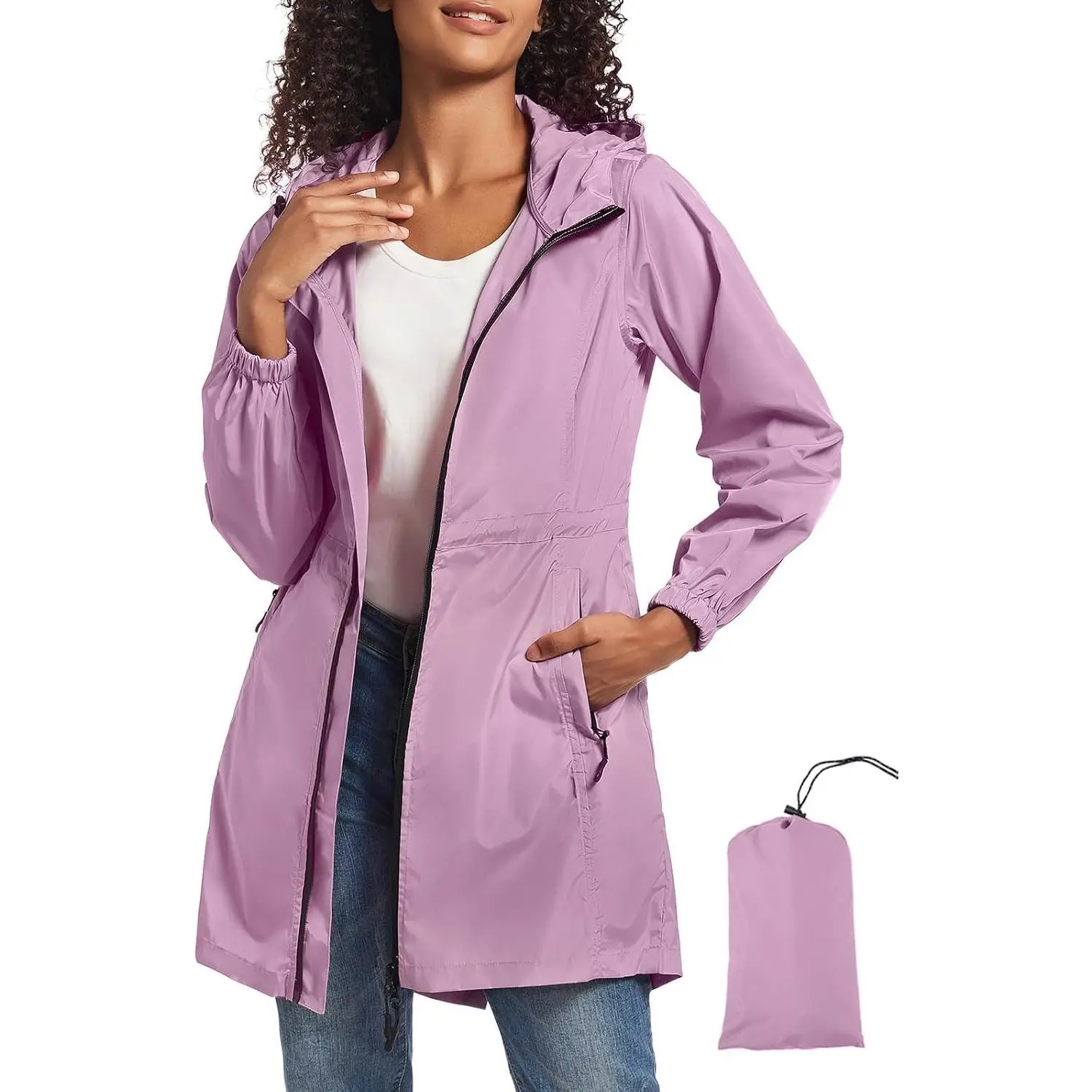 Women's Long Packable Waterproof Rain Jacket Lightweight Outdoor Windbreaker with HoodGift