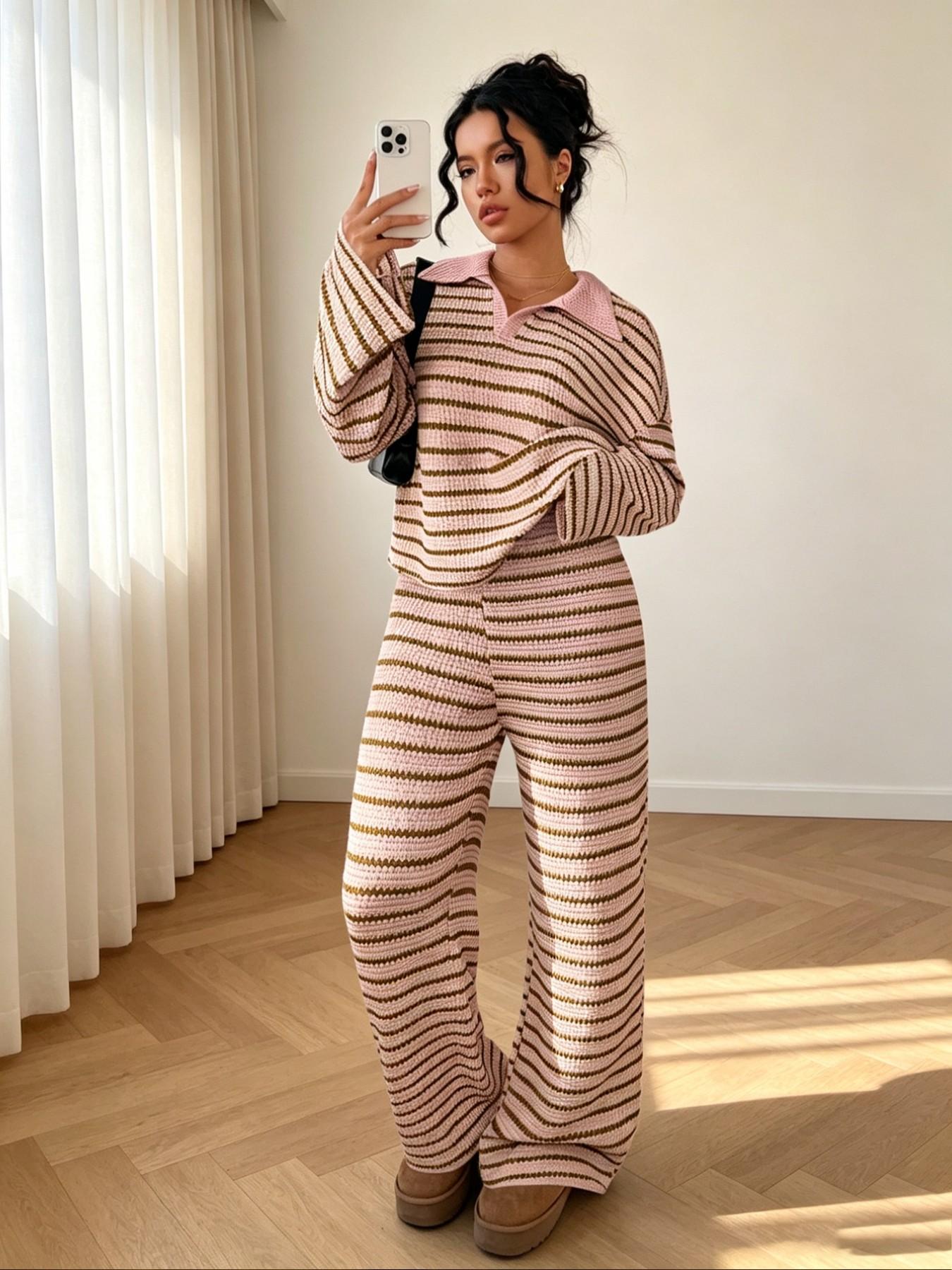 Korean Lazy Style Striped Two-Piece Set for Women, Turn-Down Collar V Neck Loose Bell Sleeve Top + High-Waisted Wide Leg Pants, Casual Home Wear Loungewear Set