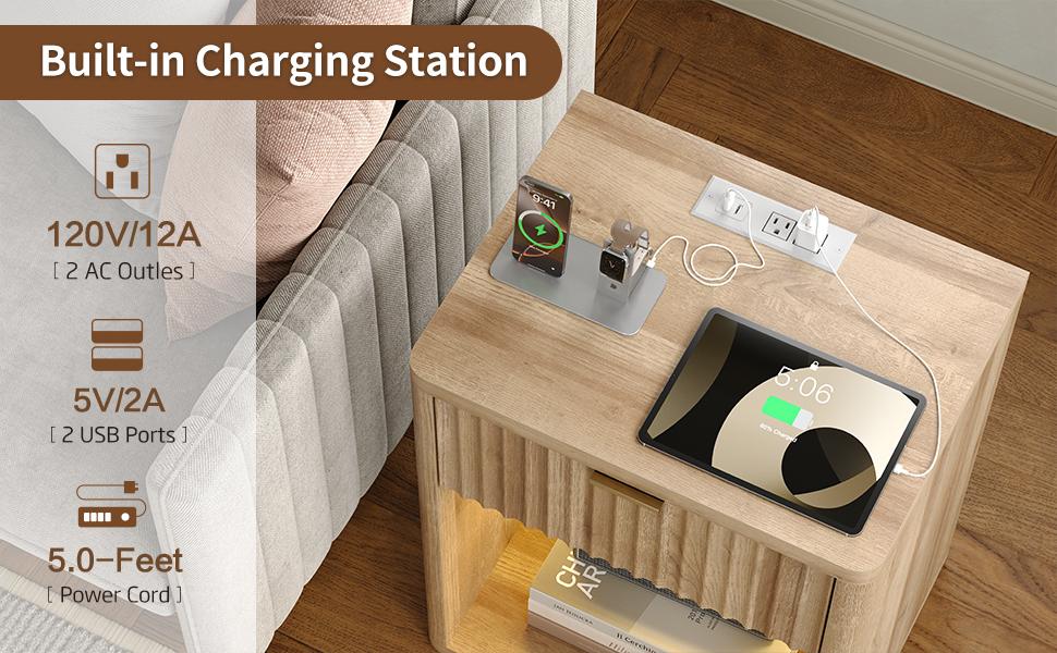 FUSOU Night Stand with Charging Station, Large LED Nightstand with Drawer and Storage Shelf, Lighting Modes Adjustable, Modern Deals for you Days Wood Nightstand Side Table End Table for Bedroom, Living Room, Oak