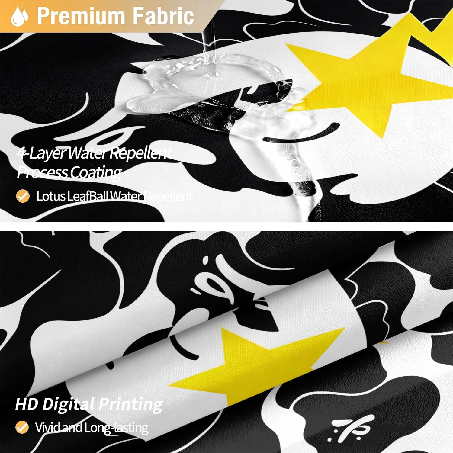 Black and White Camouflage Yellow Star Lightning Ape Head Print Aesthetic Shower Curtain, Waterproof Oxford 12 Hooks Easy Install, Privacy Bath Curtain, Streetwear Enthusiast Home/Dorm/Gaming Room Bathroom Decor