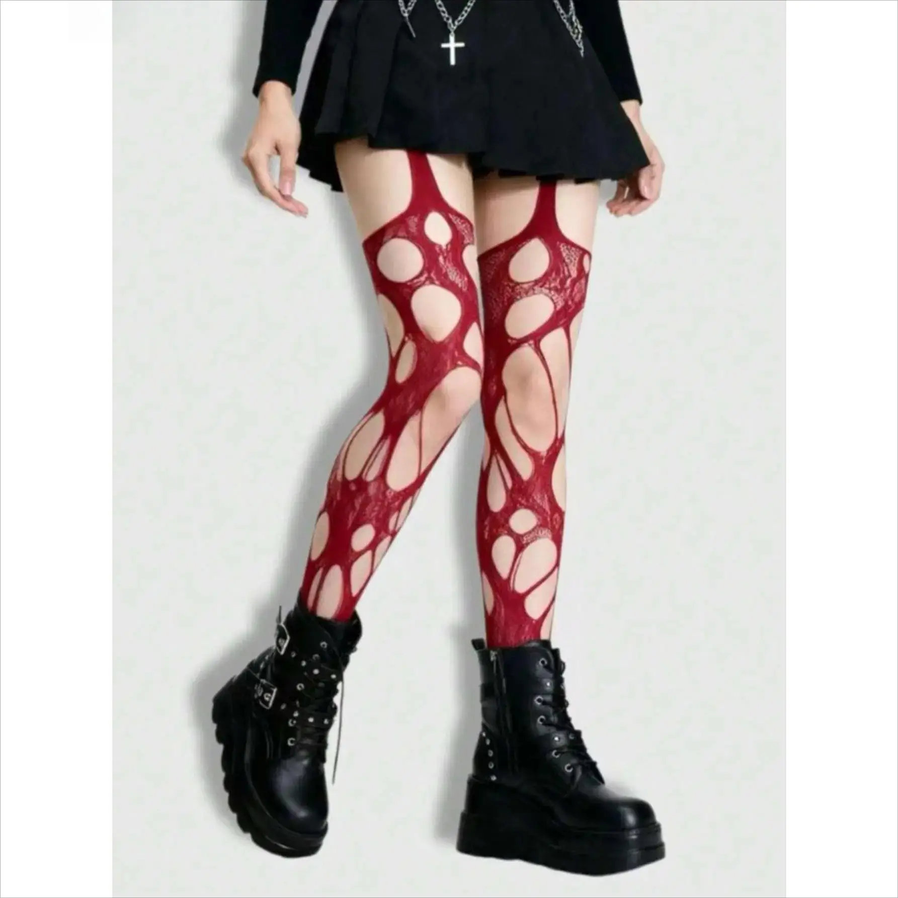 Women's Gothic Ripped Black Fishnet Tights - Stretch Mesh Pantyhose for Grunge Fashion, Festival Outfits, Layering Socks (Bag Accessory Charm Complement)